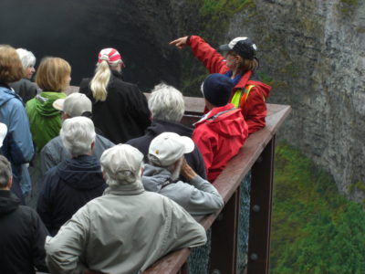 Cathie Hickson speaking at Helmcken Falls