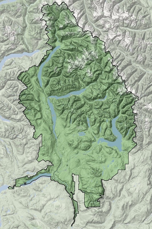 Map of Wells Gray Provincial Park, a green blank spot on the map